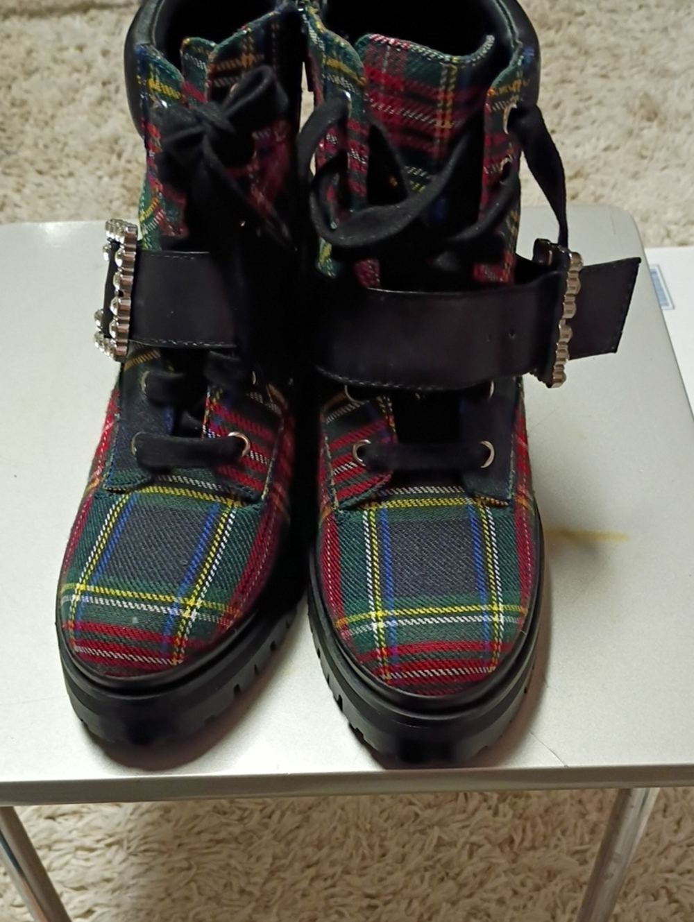 GB girls Red Plaid Ankle Boots with Black Trim